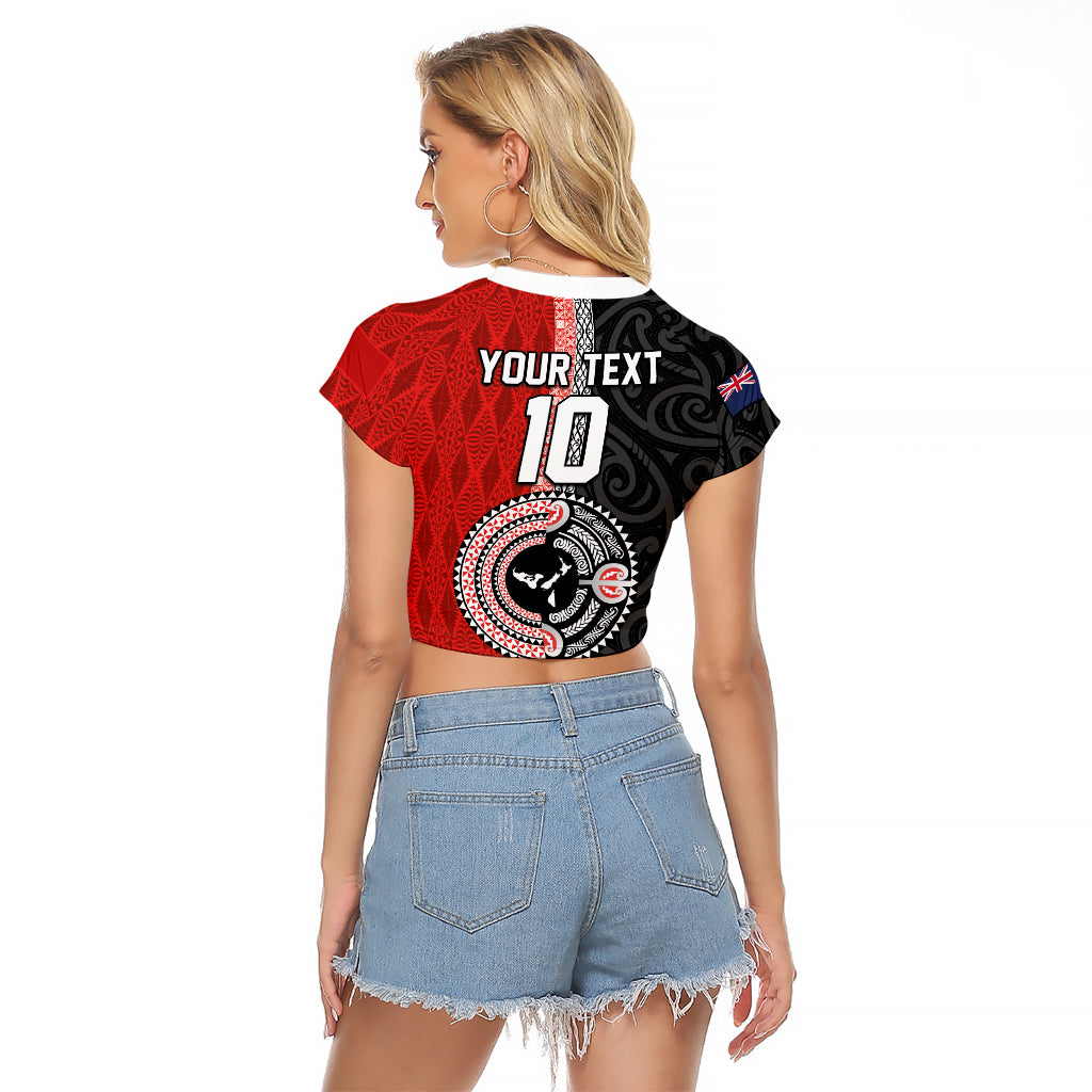 Custom Tonga and New Zealand Rugby Raglan Cropped T Shirt Maori Mix Ngatu Pattern
