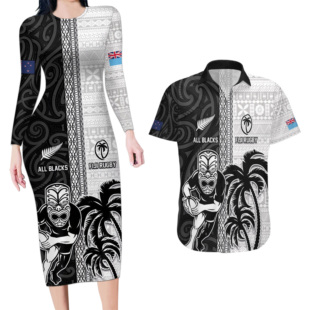 Custom Fiji and New Zealand Rugby Couples Matching Long Sleeve Bodycon Dress and Hawaiian Shirt Tapa Mix Maori Pattern LT03 Black - Polynesian Pride