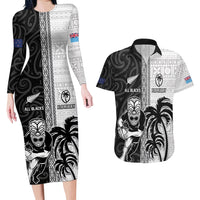 Custom Fiji and New Zealand Rugby Couples Matching Long Sleeve Bodycon Dress and Hawaiian Shirt Tapa Mix Maori Pattern LT03 Black - Polynesian Pride
