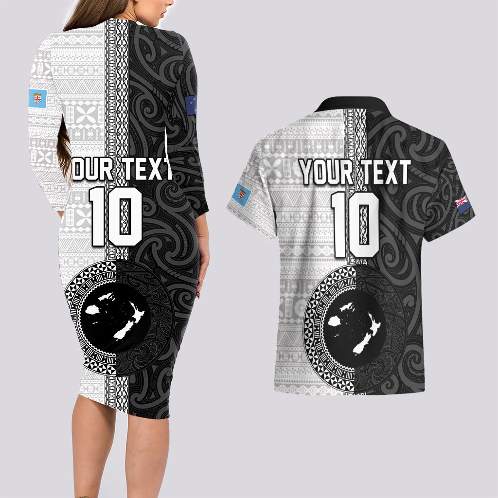 Custom Fiji and New Zealand Rugby Couples Matching Long Sleeve Bodycon Dress and Hawaiian Shirt Tapa Mix Maori Pattern LT03 - Polynesian Pride