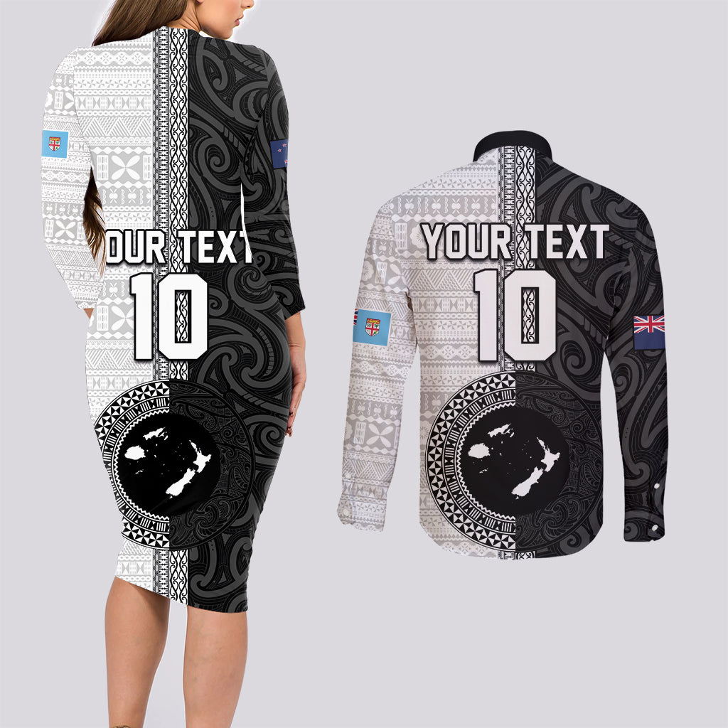 Custom Fiji and New Zealand Rugby Couples Matching Long Sleeve Bodycon Dress and Long Sleeve Button Shirt Tapa Mix Maori Pattern LT03 - Polynesian Pride