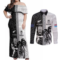 Custom Fiji and New Zealand Rugby Couples Matching Off Shoulder Maxi Dress and Long Sleeve Button Shirt Tapa Mix Maori Pattern LT03 Black - Polynesian Pride