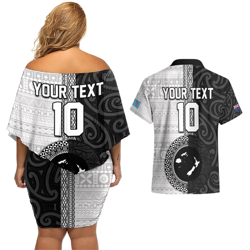 Custom Fiji and New Zealand Rugby Couples Matching Off Shoulder Short Dress and Hawaiian Shirt Tapa Mix Maori Pattern LT03 - Polynesian Pride