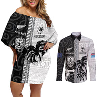 Custom Fiji and New Zealand Rugby Couples Matching Off Shoulder Short Dress and Long Sleeve Button Shirt Tapa Mix Maori Pattern LT03 Black - Polynesian Pride