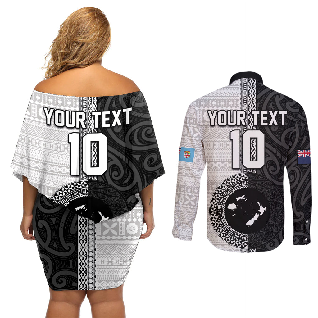 Custom Fiji and New Zealand Rugby Couples Matching Off Shoulder Short Dress and Long Sleeve Button Shirt Tapa Mix Maori Pattern LT03 - Polynesian Pride