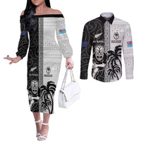 Custom Fiji and New Zealand Rugby Couples Matching Off The Shoulder Long Sleeve Dress and Long Sleeve Button Shirt Tapa Mix Maori Pattern LT03 Black - Polynesian Pride