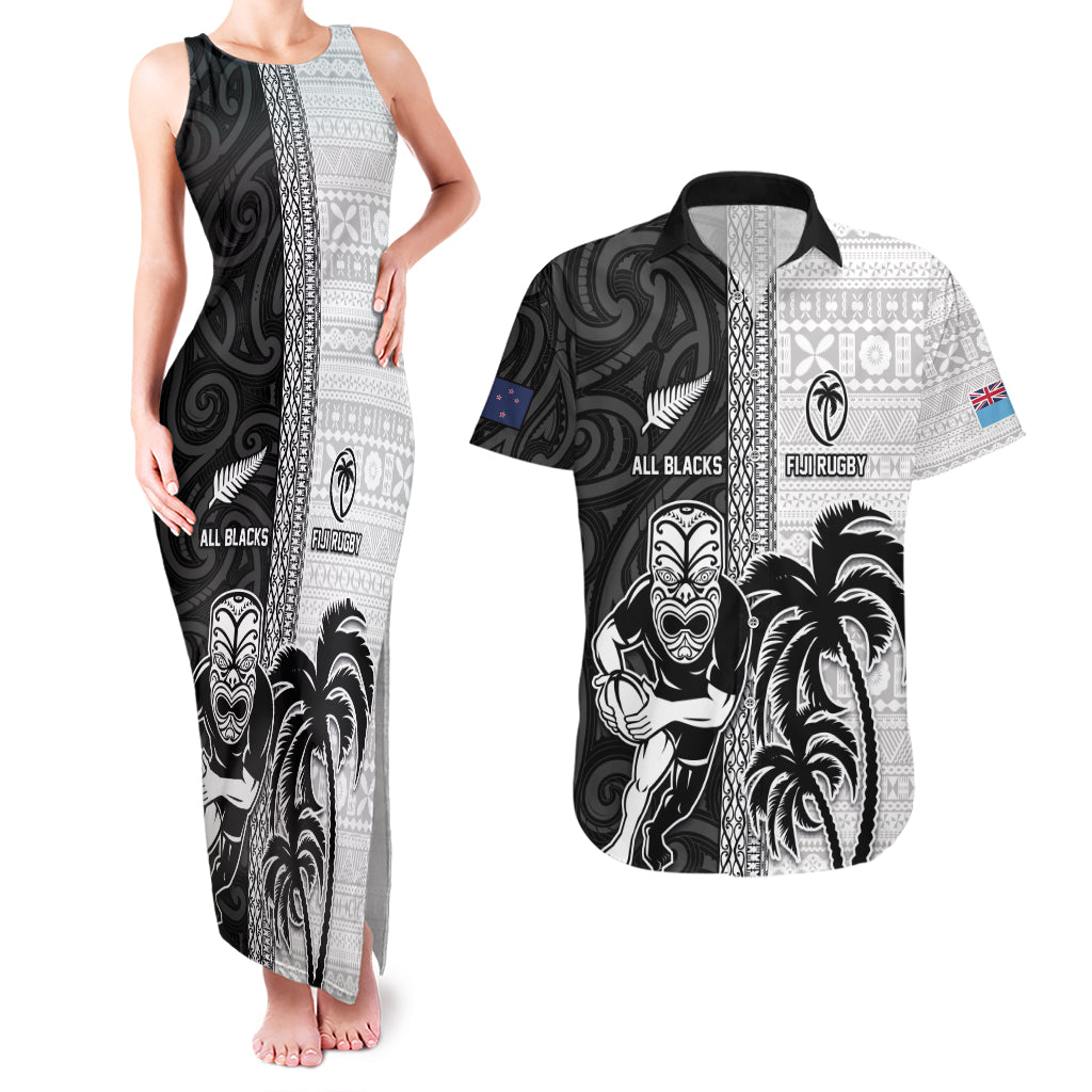 Custom Fiji and New Zealand Rugby Couples Matching Tank Maxi Dress and Hawaiian Shirt Tapa Mix Maori Pattern LT03 Black - Polynesian Pride