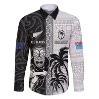 Custom Fiji and New Zealand Rugby Family Matching Long Sleeve Bodycon Dress and Hawaiian Shirt Tapa Mix Maori Pattern LT03 Dad's Shirt - Long Sleeve Black - Polynesian Pride