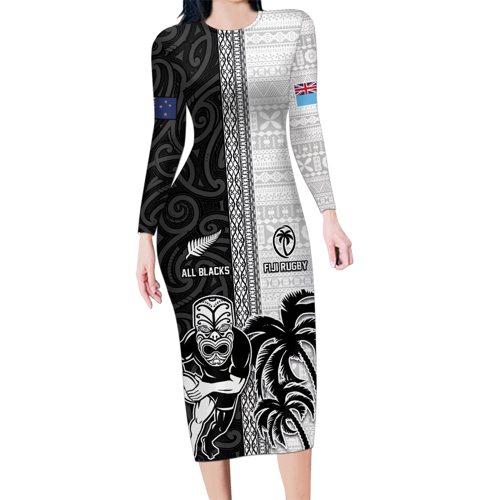 Custom Fiji and New Zealand Rugby Family Matching Long Sleeve Bodycon Dress and Hawaiian Shirt Tapa Mix Maori Pattern LT03 Mom's Dress Black - Polynesian Pride