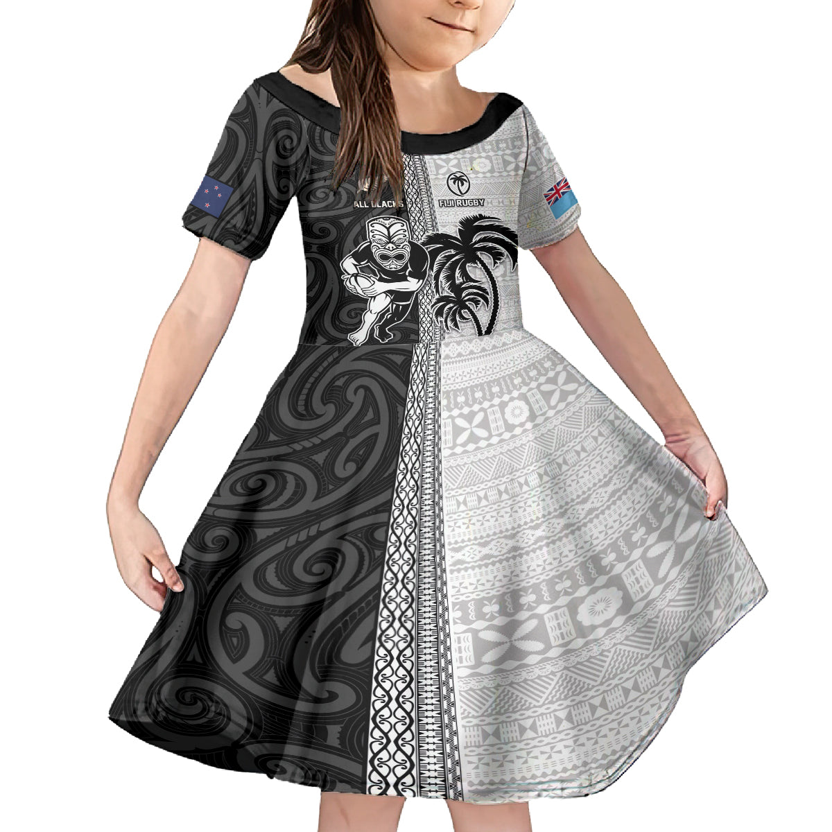 Custom Fiji and New Zealand Rugby Family Matching Off The Shoulder Long Sleeve Dress and Hawaiian Shirt Tapa Mix Maori Pattern LT03 Daughter's Dress Black - Polynesian Pride