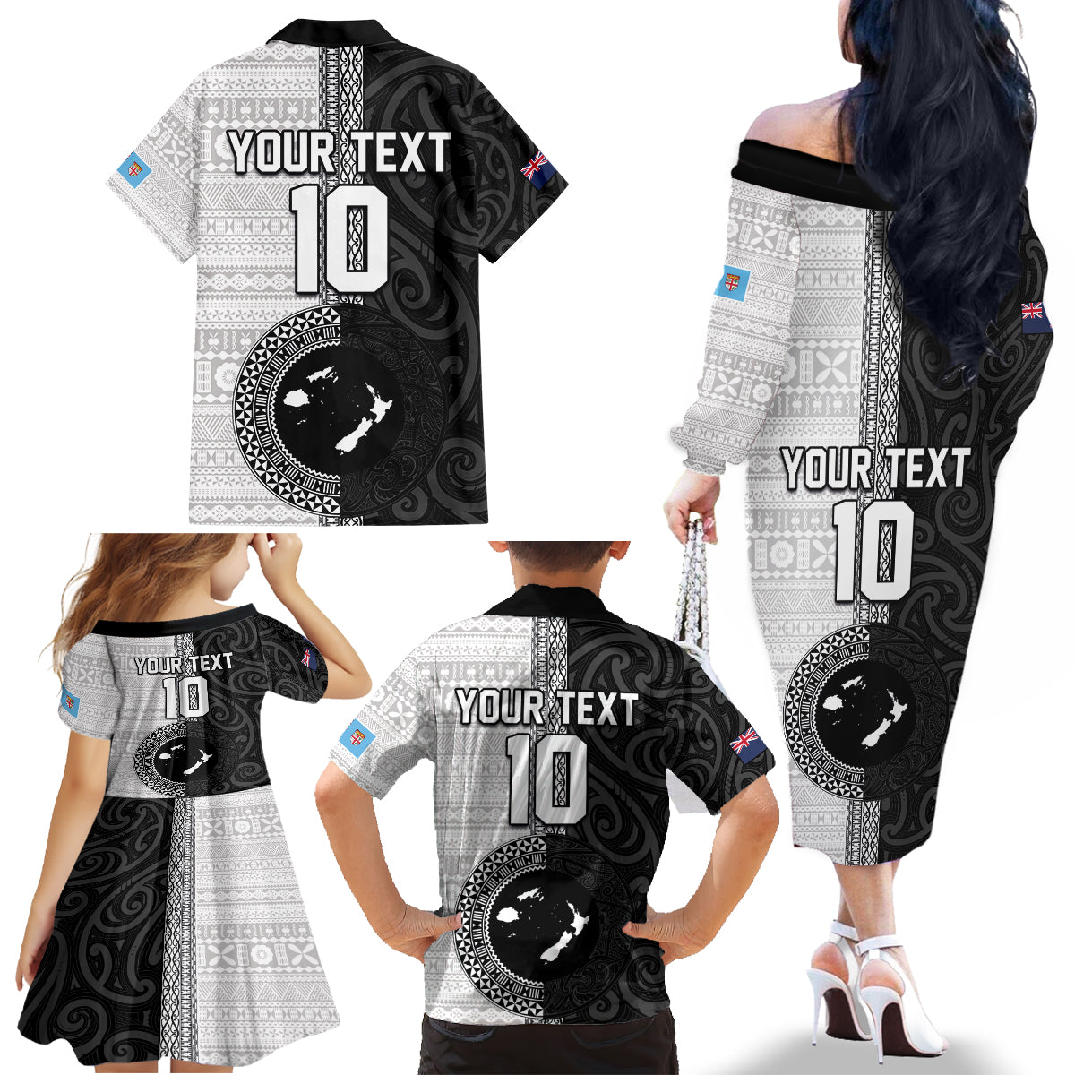Custom Fiji and New Zealand Rugby Family Matching Off The Shoulder Long Sleeve Dress and Hawaiian Shirt Tapa Mix Maori Pattern LT03 - Polynesian Pride
