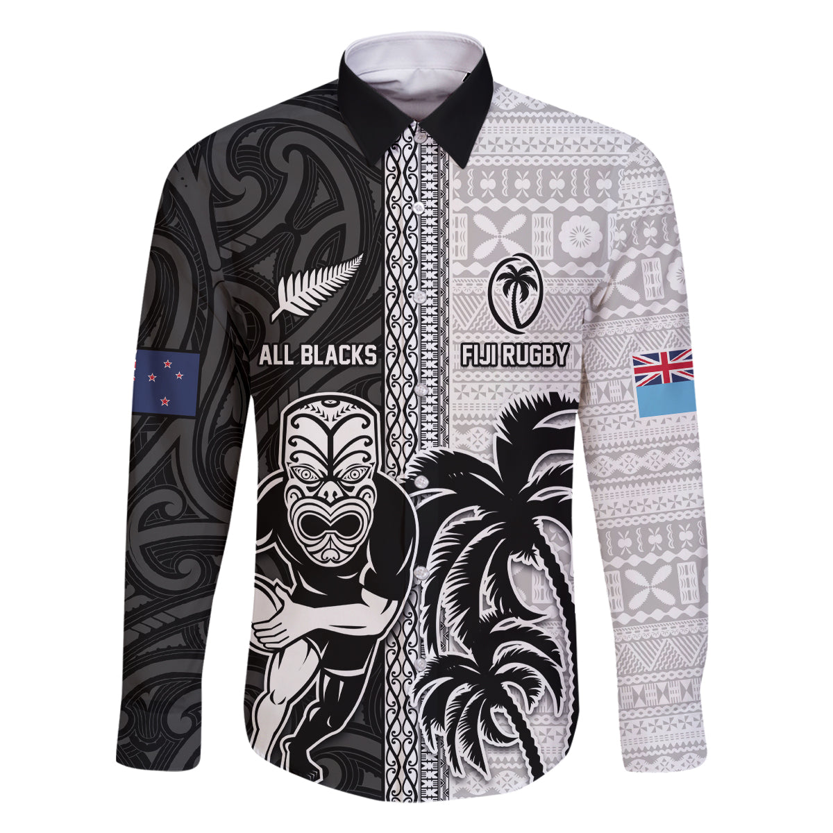 Custom Fiji and New Zealand Rugby Family Matching Off The Shoulder Long Sleeve Dress and Hawaiian Shirt Tapa Mix Maori Pattern LT03 Dad's Shirt - Long Sleeve Black - Polynesian Pride