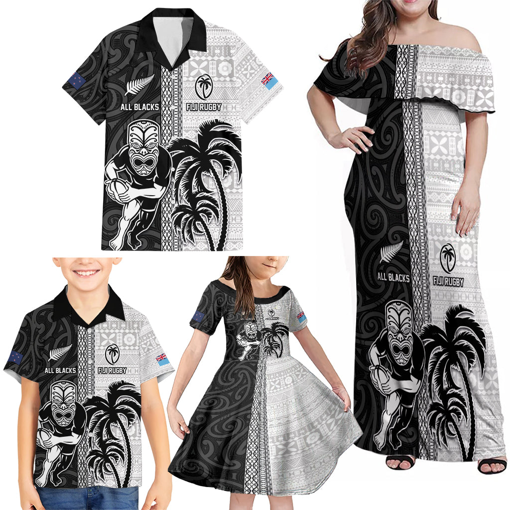 Custom Fiji and New Zealand Rugby Family Matching Off Shoulder Maxi Dress and Hawaiian Shirt Tapa Mix Maori Pattern LT03 - Polynesian Pride