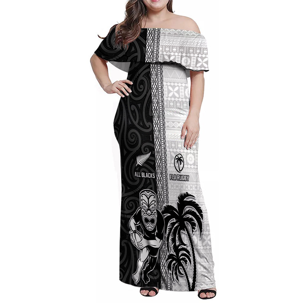Custom Fiji and New Zealand Rugby Family Matching Off Shoulder Maxi Dress and Hawaiian Shirt Tapa Mix Maori Pattern LT03 Mom's Dress Black - Polynesian Pride