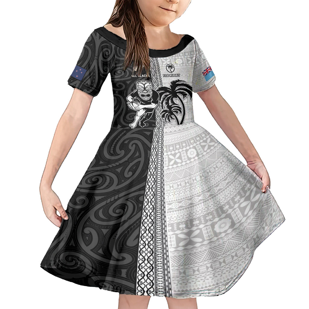 Custom Fiji and New Zealand Rugby Family Matching Off Shoulder Short Dress and Hawaiian Shirt Tapa Mix Maori Pattern LT03 Daughter's Dress Black - Polynesian Pride