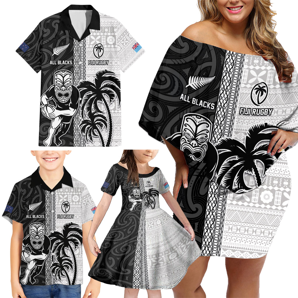 Custom Fiji and New Zealand Rugby Family Matching Off Shoulder Short Dress and Hawaiian Shirt Tapa Mix Maori Pattern LT03 - Polynesian Pride