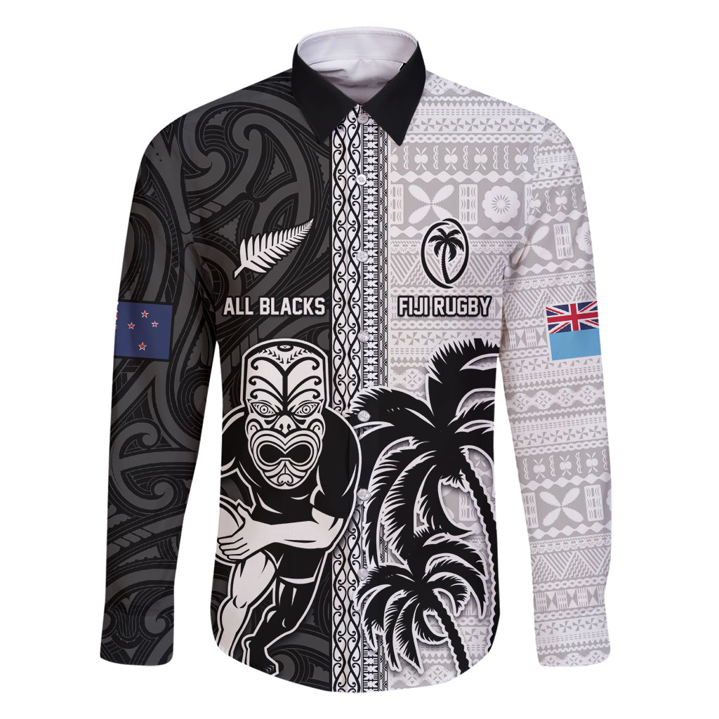 Custom Fiji and New Zealand Rugby Family Matching Off Shoulder Short Dress and Hawaiian Shirt Tapa Mix Maori Pattern LT03 Dad's Shirt - Long Sleeve Black - Polynesian Pride