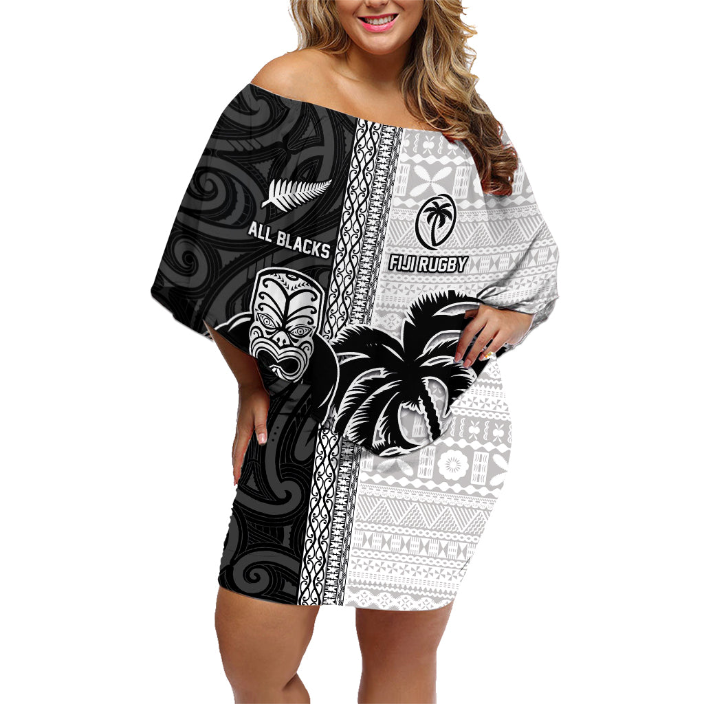 Custom Fiji and New Zealand Rugby Family Matching Off Shoulder Short Dress and Hawaiian Shirt Tapa Mix Maori Pattern LT03 Mom's Dress Black - Polynesian Pride