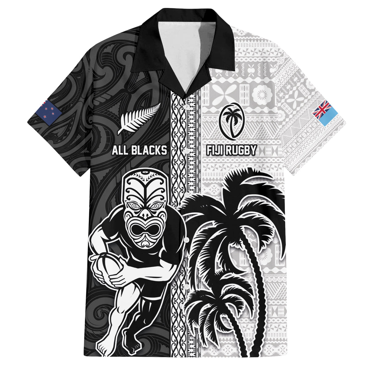 Custom Fiji and New Zealand Rugby Family Matching Puletasi and Hawaiian Shirt Tapa Mix Maori Pattern LT03 Dad's Shirt - Short Sleeve Black - Polynesian Pride