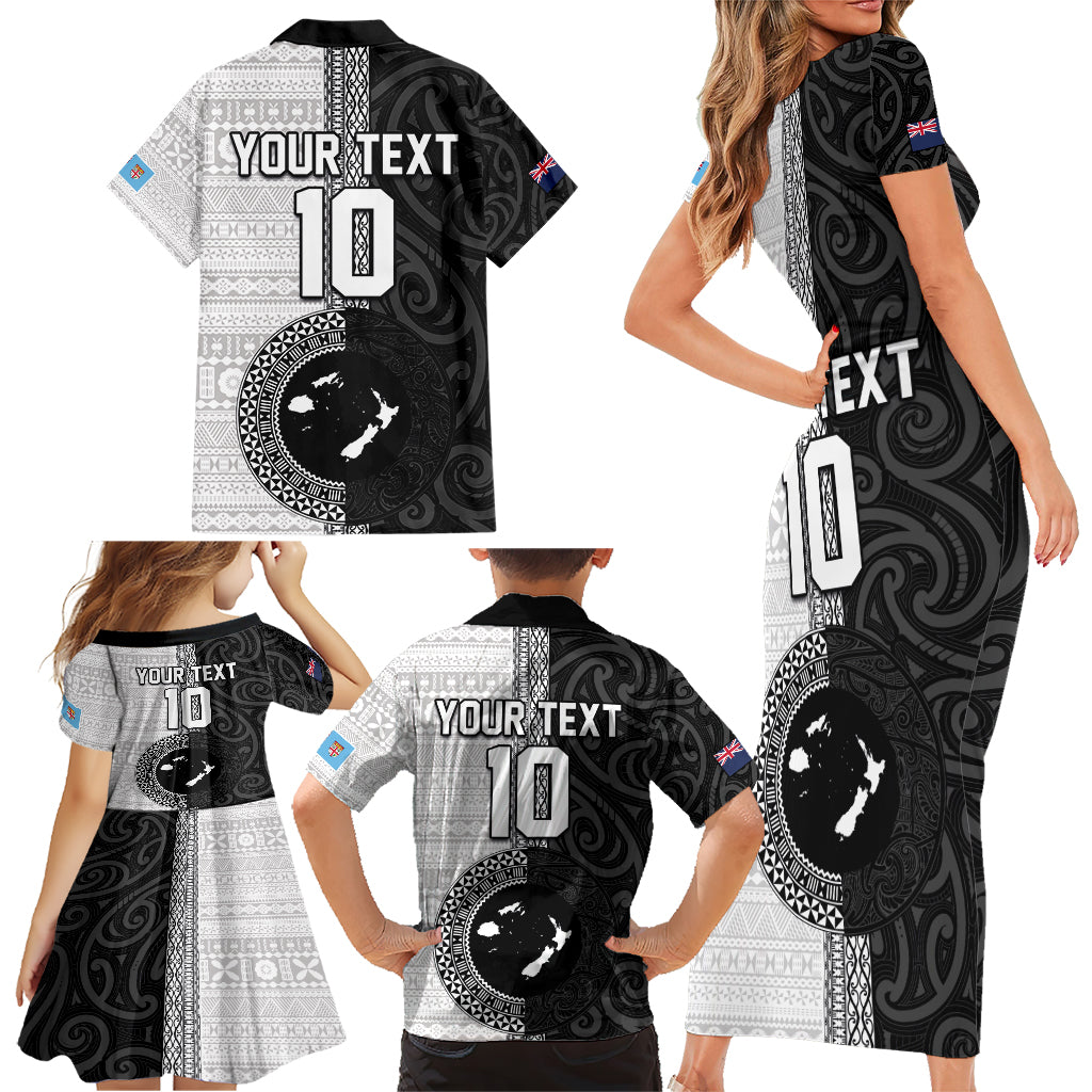 Custom Fiji and New Zealand Rugby Family Matching Short Sleeve Bodycon Dress and Hawaiian Shirt Tapa Mix Maori Pattern LT03 - Polynesian Pride