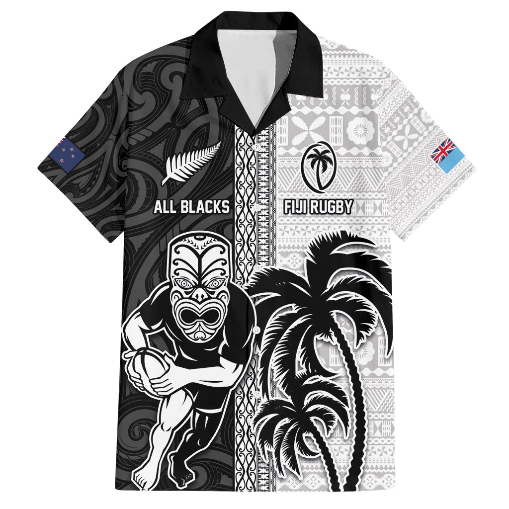 Custom Fiji and New Zealand Rugby Family Matching Short Sleeve Bodycon Dress and Hawaiian Shirt Tapa Mix Maori Pattern LT03 Dad's Shirt - Short Sleeve Black - Polynesian Pride