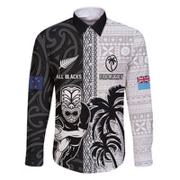 Custom Fiji and New Zealand Rugby Family Matching Short Sleeve Bodycon Dress and Hawaiian Shirt Tapa Mix Maori Pattern LT03 Dad's Shirt - Long Sleeve Black - Polynesian Pride