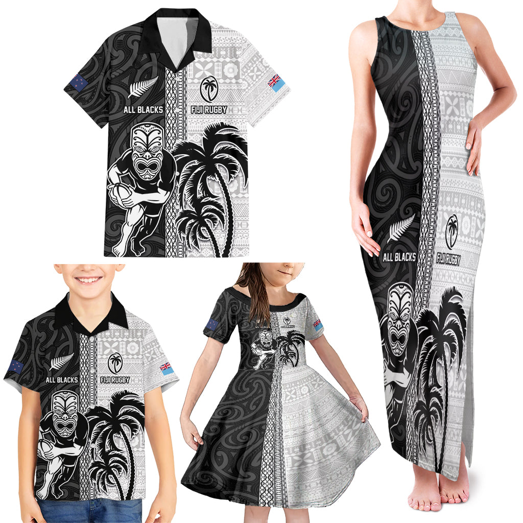 Custom Fiji and New Zealand Rugby Family Matching Tank Maxi Dress and Hawaiian Shirt Tapa Mix Maori Pattern LT03 - Polynesian Pride