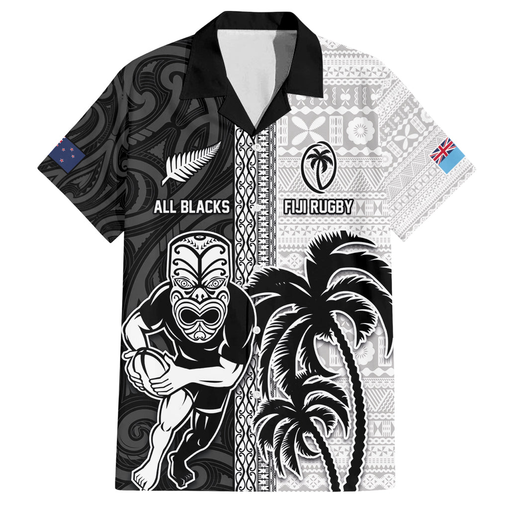 Custom Fiji and New Zealand Rugby Family Matching Tank Maxi Dress and Hawaiian Shirt Tapa Mix Maori Pattern LT03 Dad's Shirt - Short Sleeve Black - Polynesian Pride