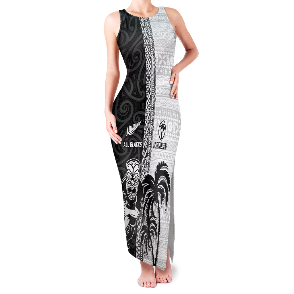 Custom Fiji and New Zealand Rugby Family Matching Tank Maxi Dress and Hawaiian Shirt Tapa Mix Maori Pattern LT03 Mom's Dress Black - Polynesian Pride