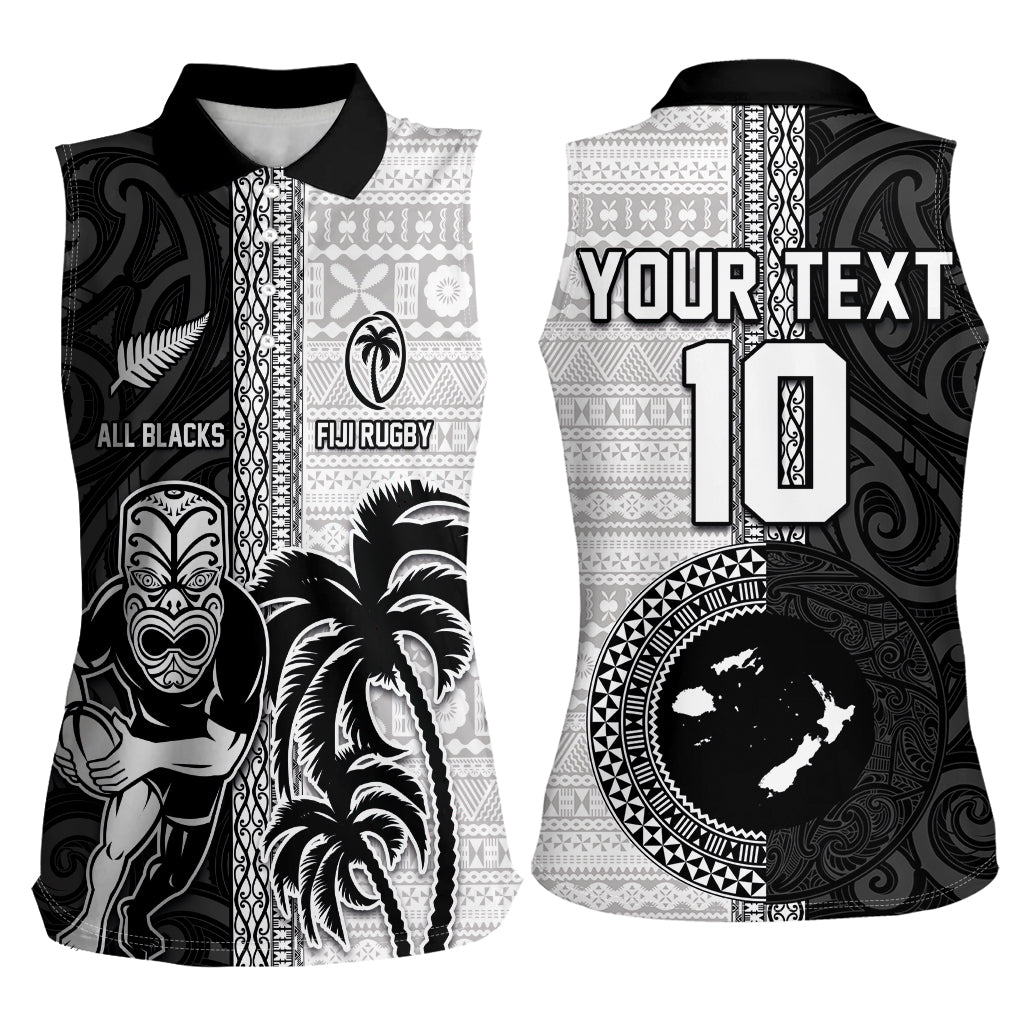 Custom Fiji and New Zealand Rugby Women Sleeveless Polo Shirt Tapa Mix Maori Pattern LT03 - Polynesian Pride
