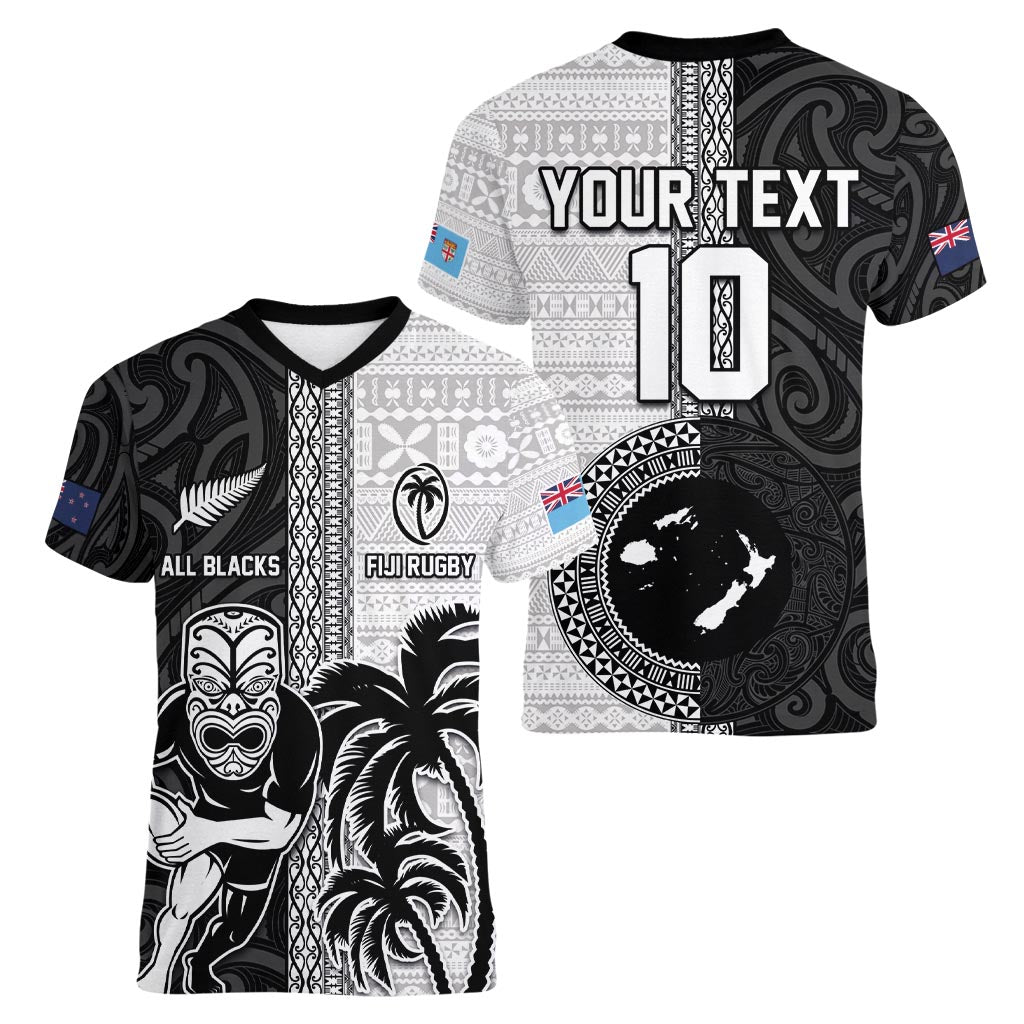 Custom Fiji and New Zealand Rugby Women V-Neck T-Shirt Tapa Mix Maori Pattern LT03 - Polynesian Pride