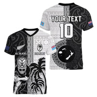 Custom Fiji and New Zealand Rugby Women V-Neck T-Shirt Tapa Mix Maori Pattern LT03 - Polynesian Pride