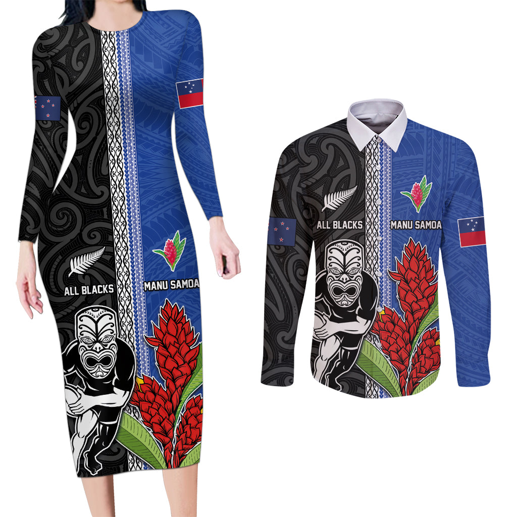 Custom Samoa and New Zealand Rugby Couples Matching Long Sleeve Bodycon Dress and Long Sleeve Button Shirt Teuila Samoan and Maori Warrior LT03 Black - Polynesian Pride