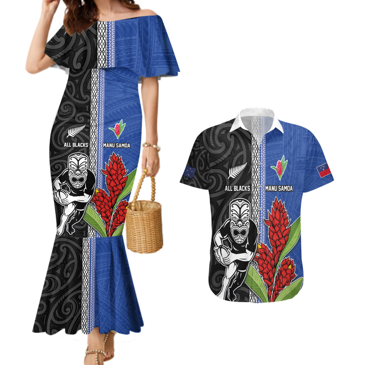 Custom Samoa and New Zealand Rugby Couples Matching Mermaid Dress and Hawaiian Shirt Teuila Samoan and Maori Warrior LT03 Black - Polynesian Pride