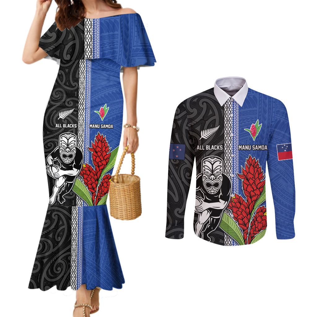 Custom Samoa and New Zealand Rugby Couples Matching Mermaid Dress and Long Sleeve Button Shirt Teuila Samoan and Maori Warrior LT03 Black - Polynesian Pride