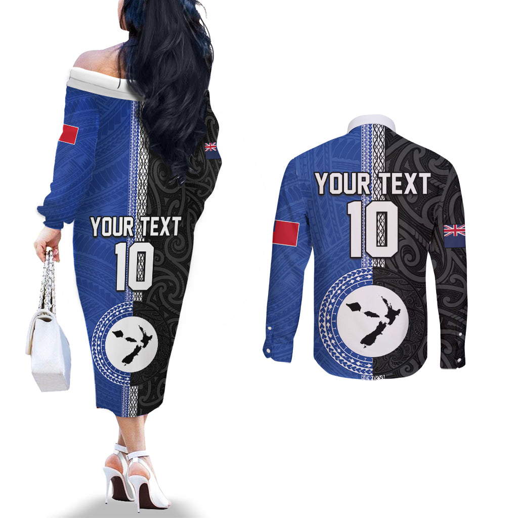 Custom Samoa and New Zealand Rugby Couples Matching Off The Shoulder Long Sleeve Dress and Long Sleeve Button Shirt Teuila Samoan and Maori Warrior LT03 - Polynesian Pride