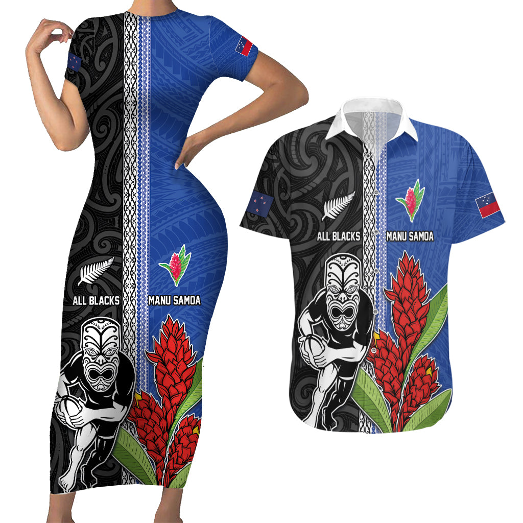 Custom Samoa and New Zealand Rugby Couples Matching Short Sleeve Bodycon Dress and Hawaiian Shirt Teuila Samoan and Maori Warrior LT03 Black - Polynesian Pride