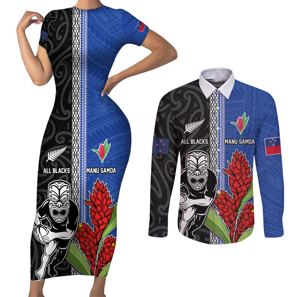 Custom Samoa and New Zealand Rugby Couples Matching Short Sleeve Bodycon Dress and Long Sleeve Button Shirt Teuila Samoan and Maori Warrior LT03 Black - Polynesian Pride