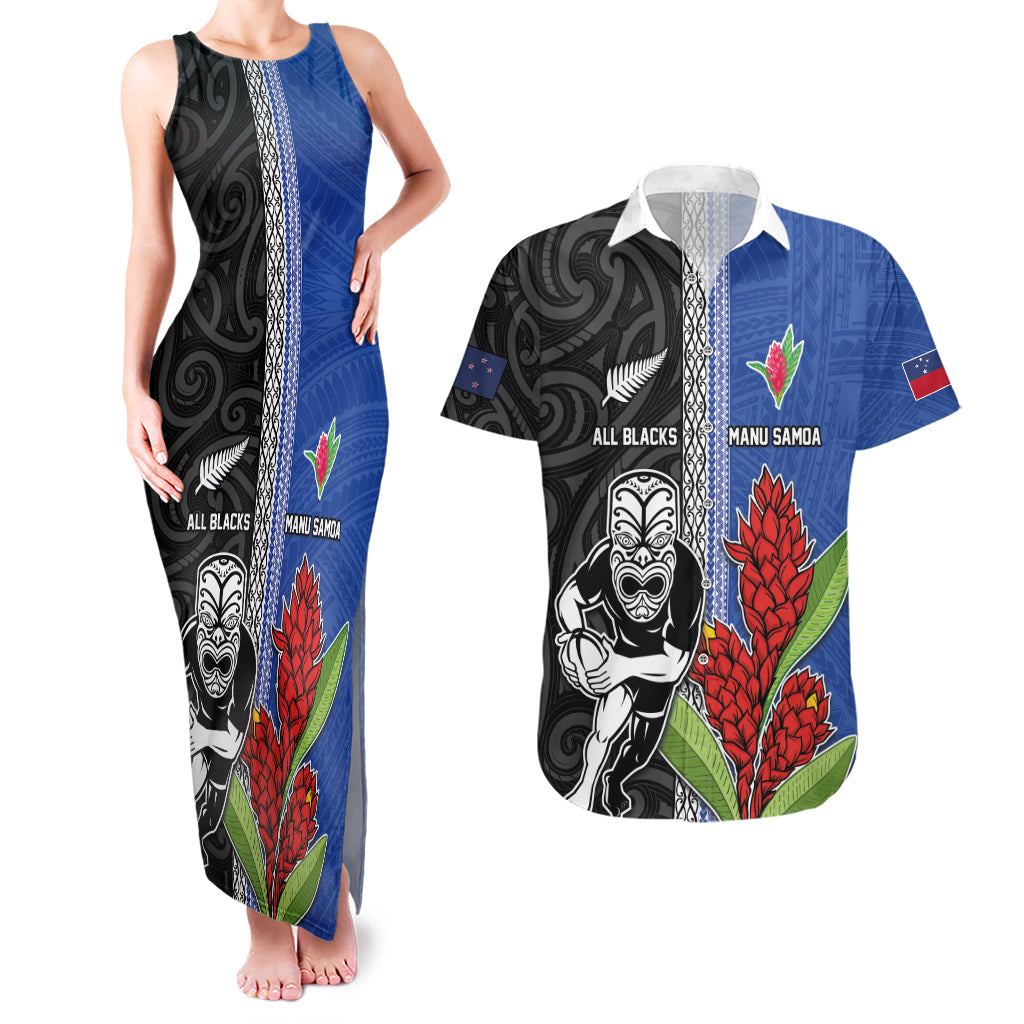 Custom Samoa and New Zealand Rugby Couples Matching Tank Maxi Dress and Hawaiian Shirt Teuila Samoan and Maori Warrior LT03 Black - Polynesian Pride