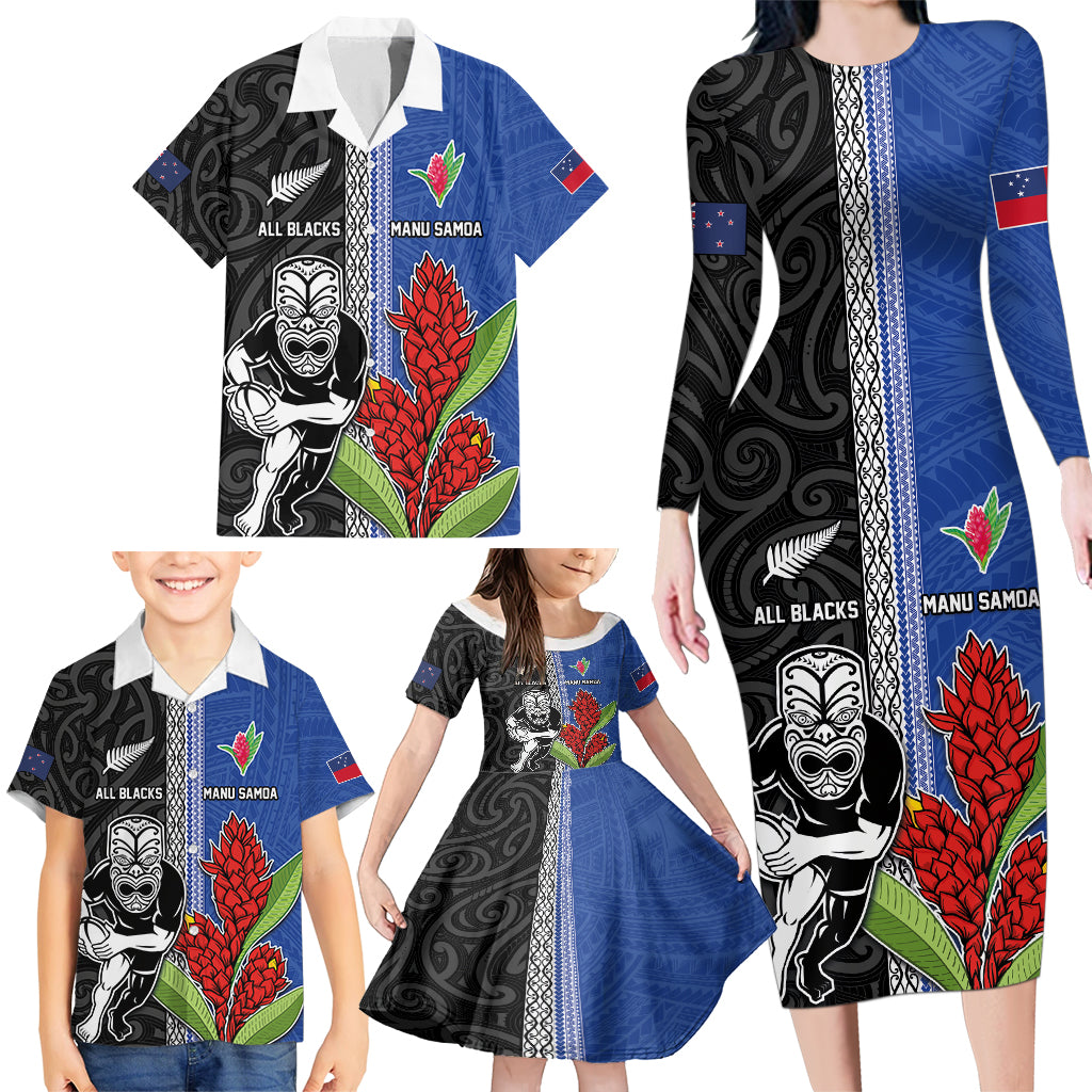 Custom Samoa and New Zealand Rugby Family Matching Long Sleeve Bodycon Dress and Hawaiian Shirt Teuila Samoan and Maori Warrior LT03 - Polynesian Pride
