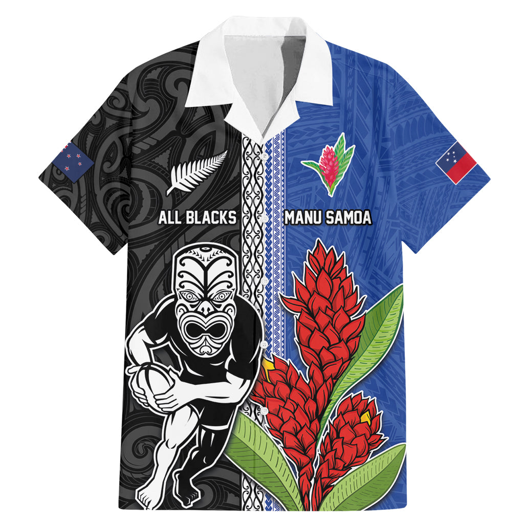 Custom Samoa and New Zealand Rugby Family Matching Mermaid Dress and Hawaiian Shirt Teuila Samoan and Maori Warrior LT03 Dad's Shirt - Short Sleeve Black - Polynesian Pride