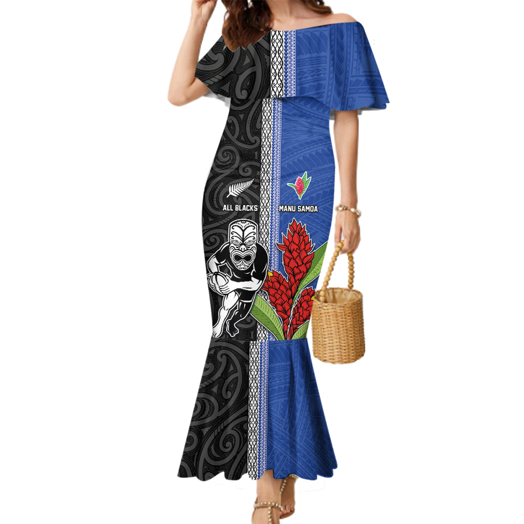 Custom Samoa and New Zealand Rugby Family Matching Mermaid Dress and Hawaiian Shirt Teuila Samoan and Maori Warrior LT03 Mom's Dress Black - Polynesian Pride