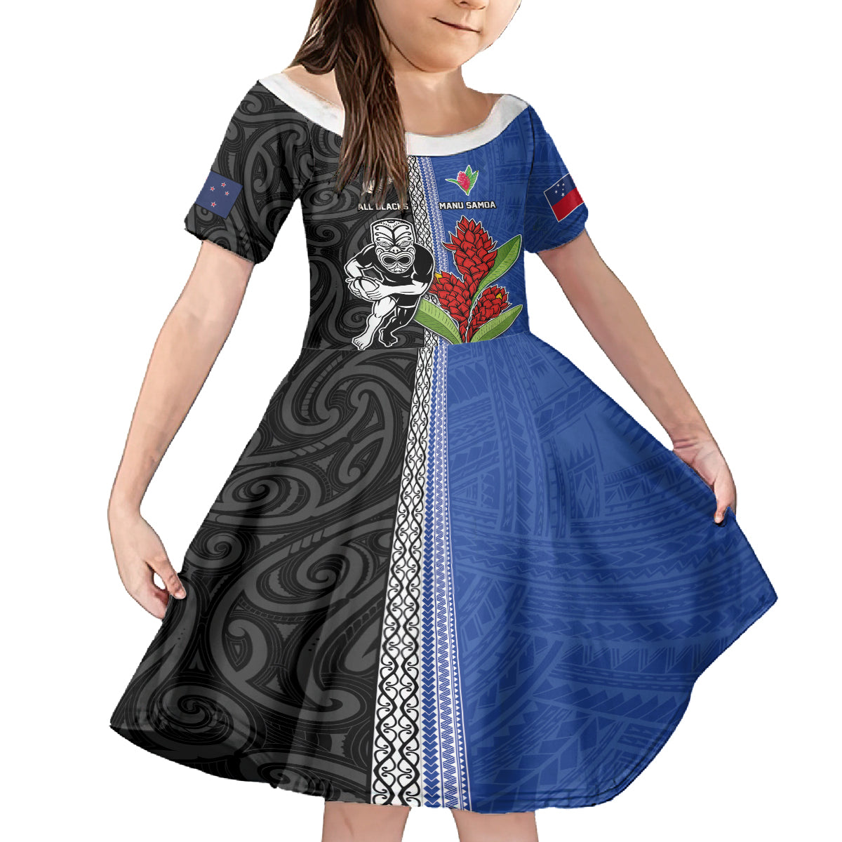 Custom Samoa and New Zealand Rugby Family Matching Off The Shoulder Long Sleeve Dress and Hawaiian Shirt Teuila Samoan and Maori Warrior LT03 Daughter's Dress Black - Polynesian Pride