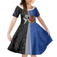 Custom Samoa and New Zealand Rugby Family Matching Off The Shoulder Long Sleeve Dress and Hawaiian Shirt Teuila Samoan and Maori Warrior LT03 Daughter's Dress Black - Polynesian Pride