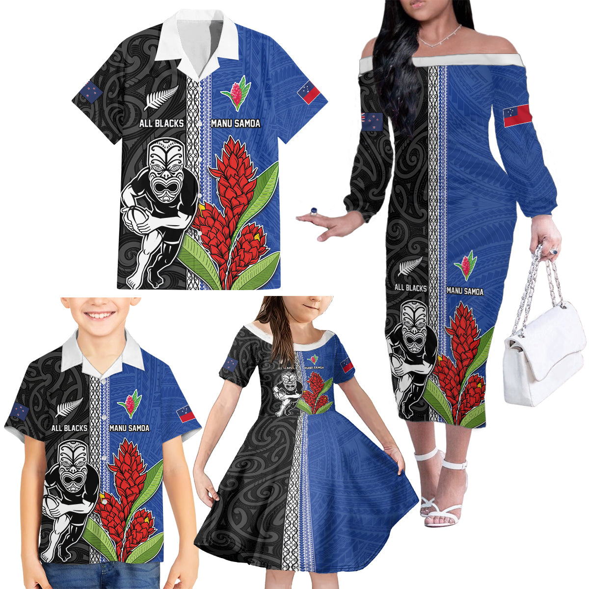Custom Samoa and New Zealand Rugby Family Matching Off The Shoulder Long Sleeve Dress and Hawaiian Shirt Teuila Samoan and Maori Warrior LT03 - Polynesian Pride