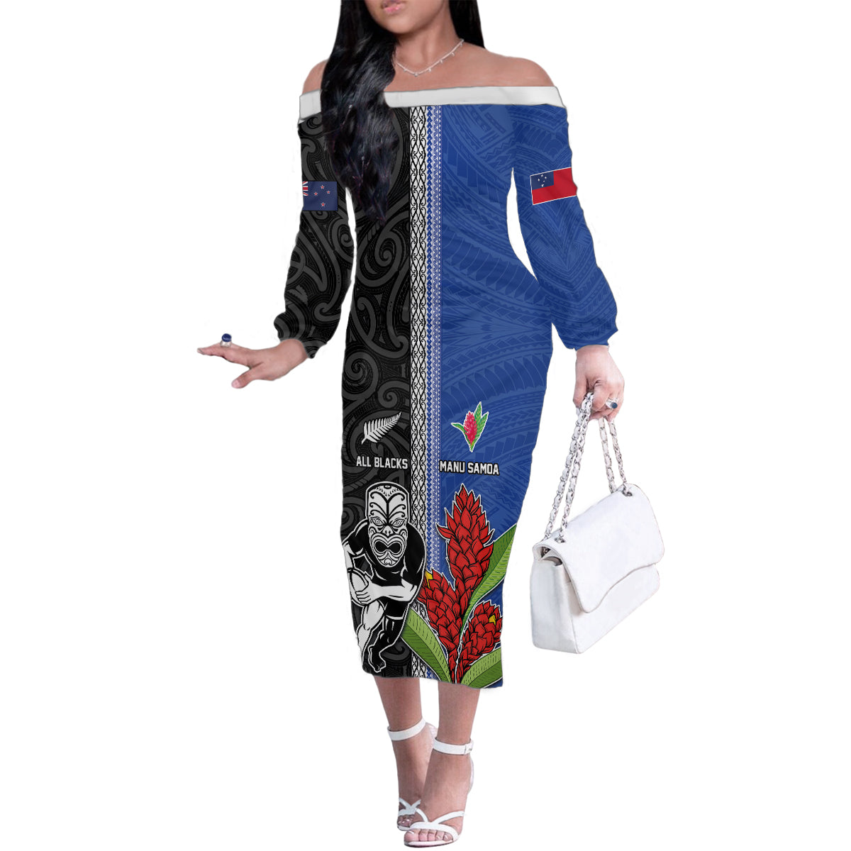 Custom Samoa and New Zealand Rugby Family Matching Off The Shoulder Long Sleeve Dress and Hawaiian Shirt Teuila Samoan and Maori Warrior LT03 Mom's Dress Black - Polynesian Pride