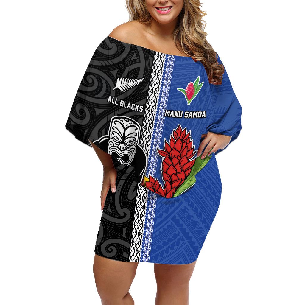 Custom Samoa and New Zealand Rugby Family Matching Off Shoulder Short Dress and Hawaiian Shirt Teuila Samoan and Maori Warrior LT03 Mom's Dress Black - Polynesian Pride