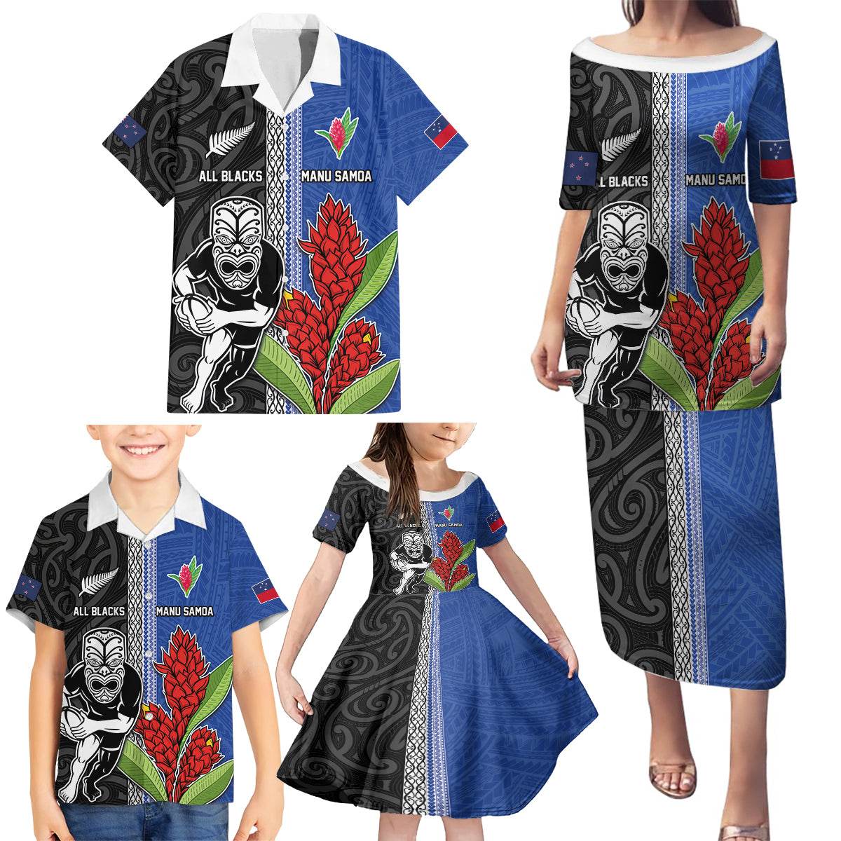 Custom Samoa and New Zealand Rugby Family Matching Puletasi and Hawaiian Shirt Teuila Samoan and Maori Warrior LT03 - Polynesian Pride