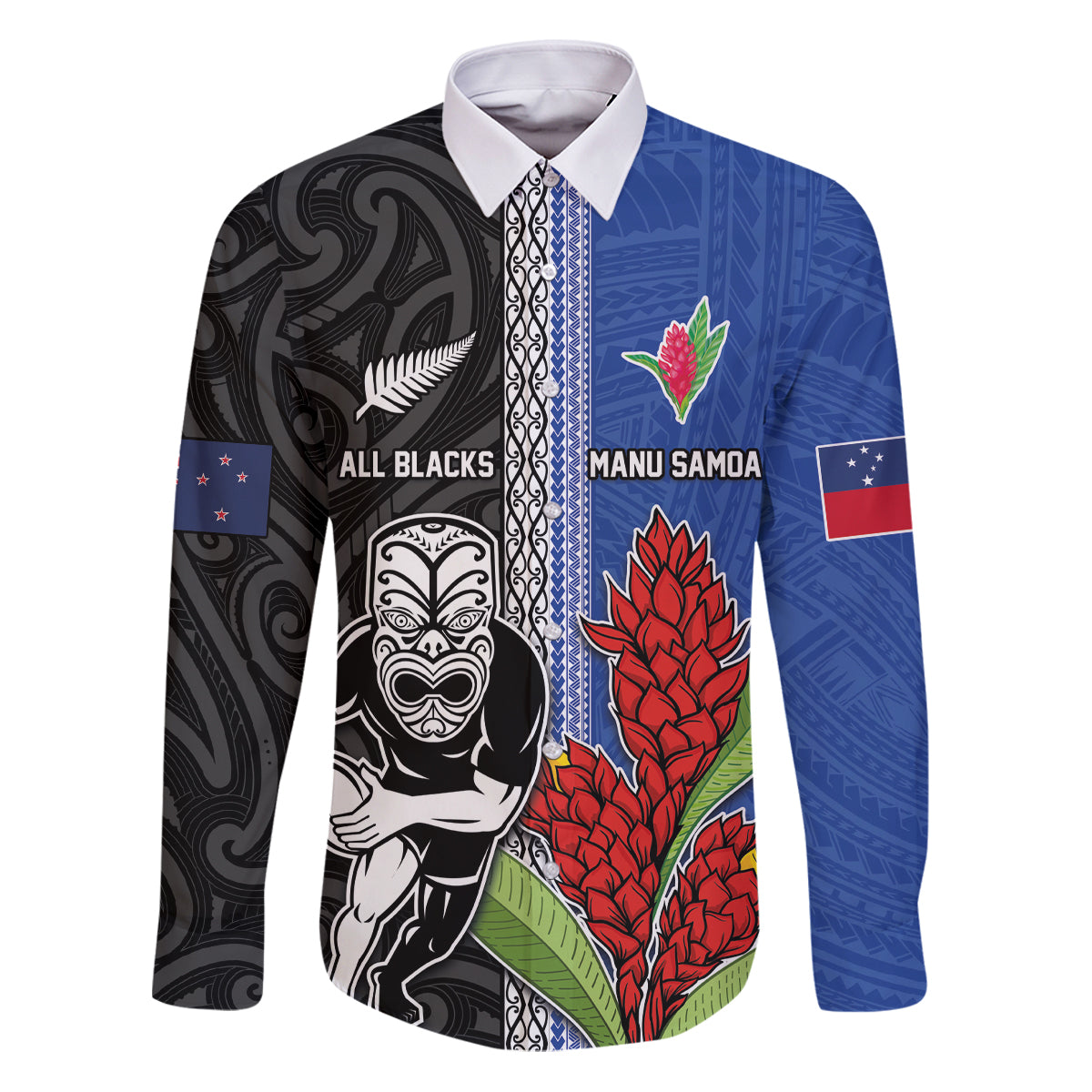 Custom Samoa and New Zealand Rugby Family Matching Puletasi and Hawaiian Shirt Teuila Samoan and Maori Warrior LT03 Dad's Shirt - Long Sleeve Black - Polynesian Pride