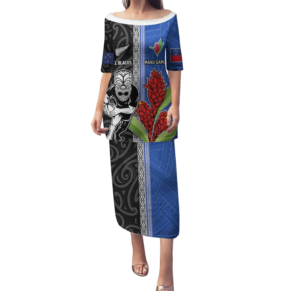Custom Samoa and New Zealand Rugby Family Matching Puletasi and Hawaiian Shirt Teuila Samoan and Maori Warrior LT03 Mom's Dress Black - Polynesian Pride